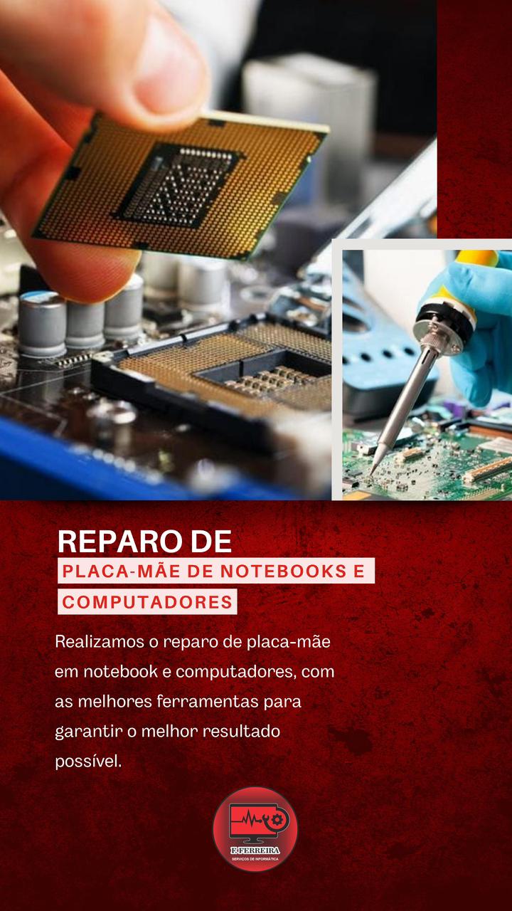 Técnico realizando reparo de placa-mãe de notebook